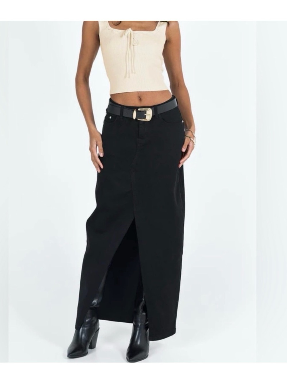 NWT • PRINCESS POLLY • Black Front Slit Denim Maxi Skirt • NEW WITH TAGS
